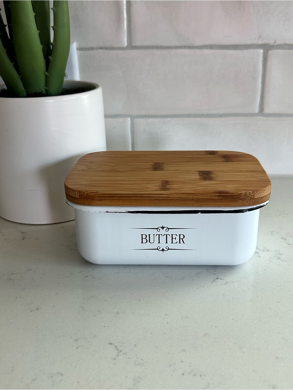 Enamel Butter Dish with Wooden Lid Farmhouse Style